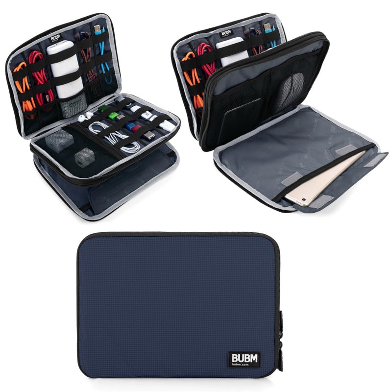 BUBM Double Layer Electronics Organizer, Travel Gadget Bag for Cables, Memory Cards, Flash Hard Drive and More, Fit for iPad or Tablet(up To 9.7")--Large, Dark Blue - Image 1